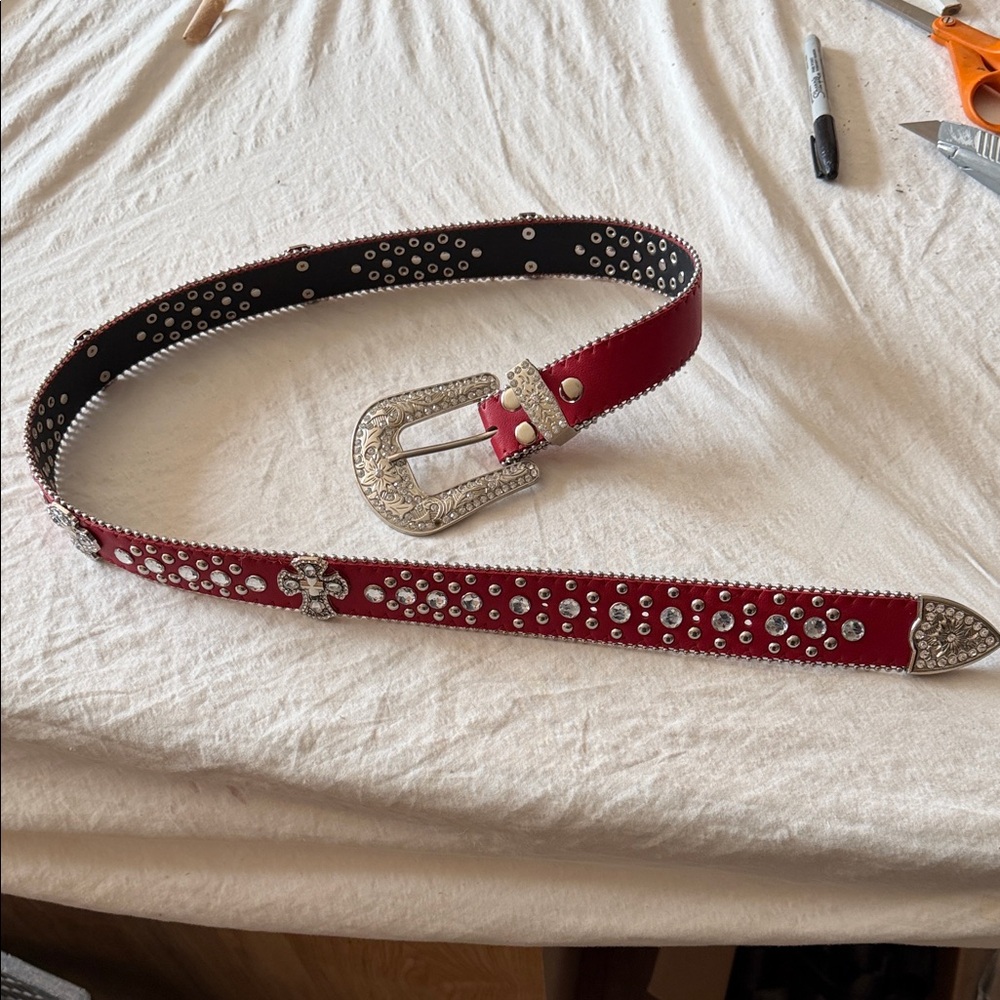 Elegant Red Studded Belt with Silver Buckle